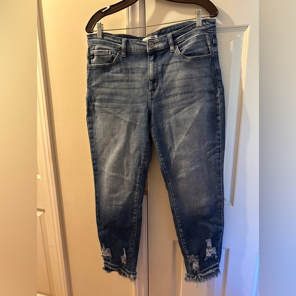 Kancan high rise slight distressed frayed slant hem. - Picture 1 of 5